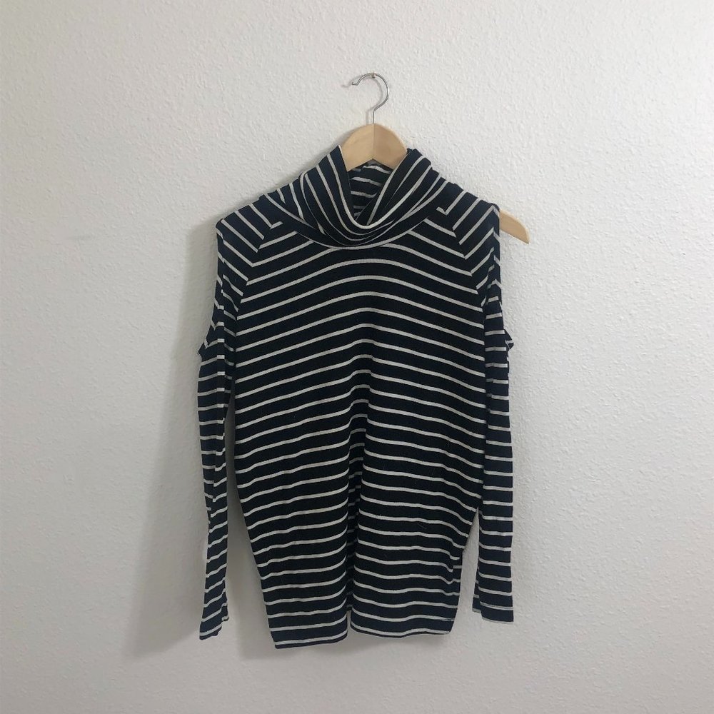 Cha Cha Vente Long Sleeve Cold Shoulder Black White Stripe Top